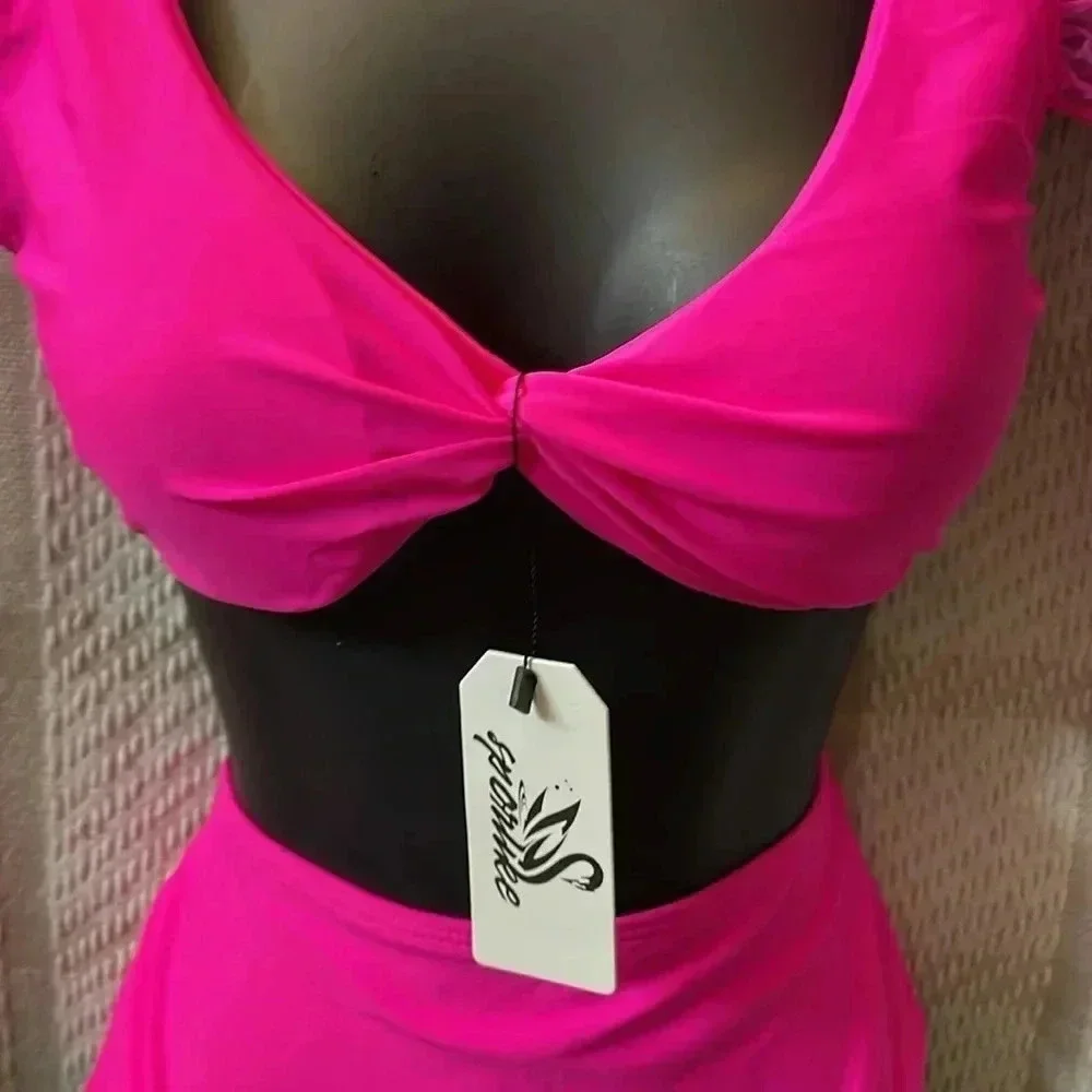 SPORLIKE High Waisted Swimsuit Organza Ruffle Bikini Twist Front Bathing Suit